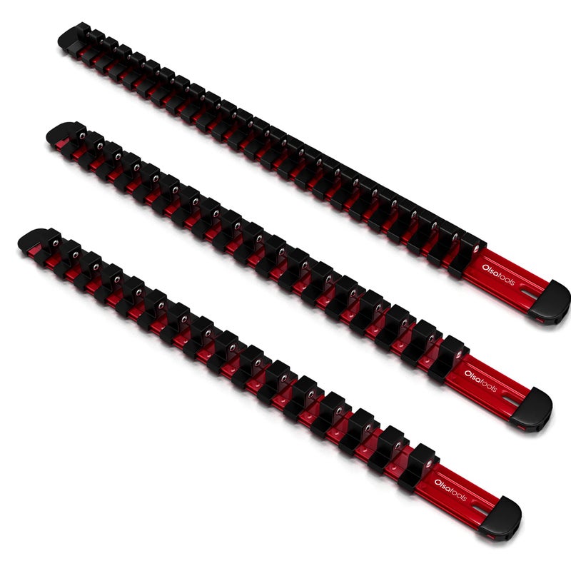 Olsa Tools 3-Pc Set Aluminum Socket Organizer | Locking End Caps | 1/4-Inch, 3/8-Inch, 1/2-Inch Drive Socket Holders with 24, 18, 16 Clips Each (Red) - Image 1